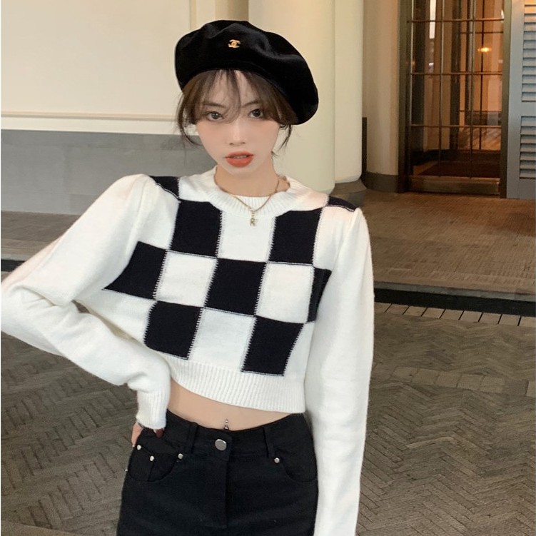 QADCOL Áo Dệt Kim Tay Dài Form Rộng Họa Tiết Sọc Caro Trắng Đen Thời Trang Cá Tính