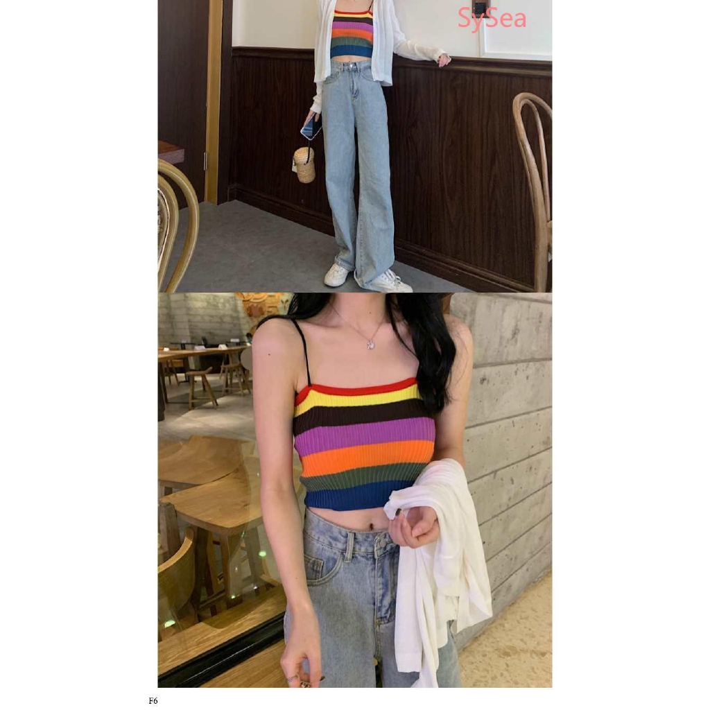 Women Knitted Rainbow Stripe Camisole Fashion Tank Top +cardigan Set