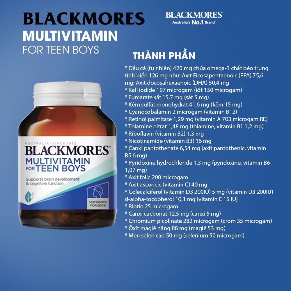 Combo Vitamin Blackmores Multivitamin for teen cho bé gái, bé trai giúp tăng cường trí nhớ, cải thiện sức khỏe