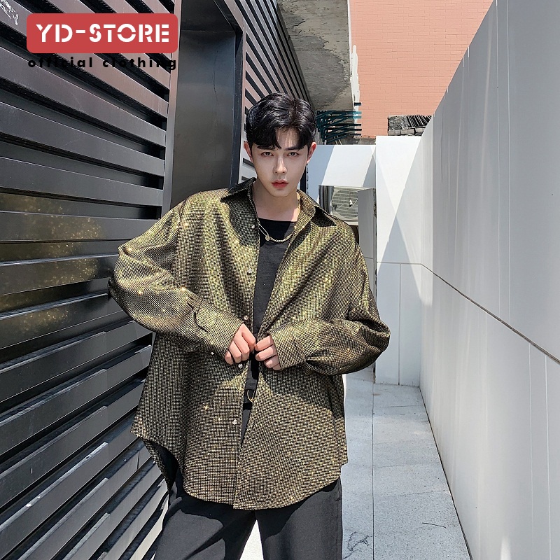 Áo Sơ Mi Đính Kim Cương Sáng Lấp Lánh Phong Cách Âu Mỹ Hợp Thời Trang Mùa Thu Dễ Phối Đồ Đi Hộp Đêm DJ Sân Khấu Cho Nam