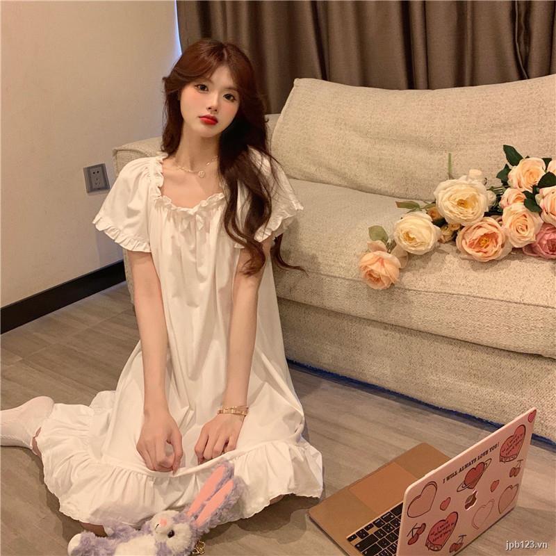 Đồ ngủ❤bộ đồ ngủ nữ mùa hè ngọt ngào kiểu công chúa Học sinh Nhật Bản áo dài màu đỏ lưới rộng và mỏng của Hàn Quốc