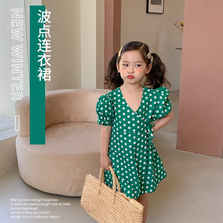Đầm Chấm Bi Cổ Chữ V Cho Bé Gái