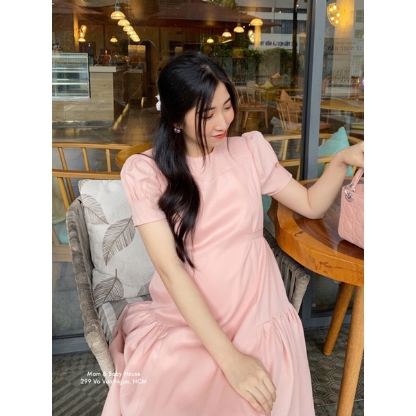 Đầm bầu đuôi cá tay phồng dập ly hồng Pastel nữ tính -  Mila Dress