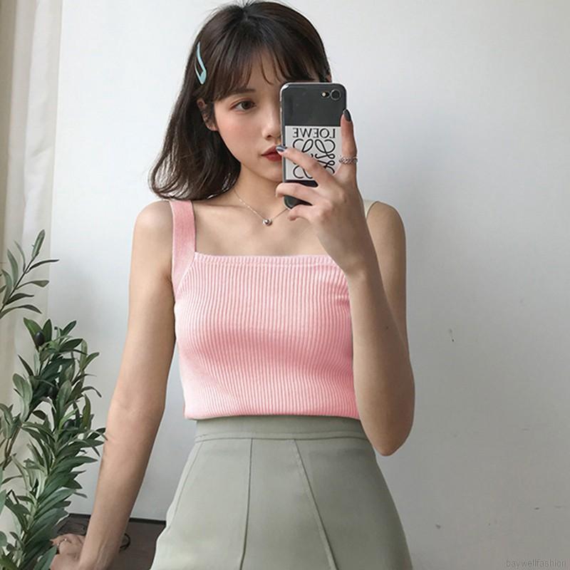 Áo Croptop Dệt Kim Nữ Sát Nách Cổ Vuông Màu Trơn Gợi Cảm