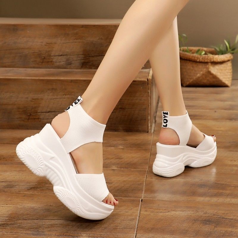 Giày Cao Gót Đi Biển Dệt Kim Co Giãn Thời Trang Mùa Hè