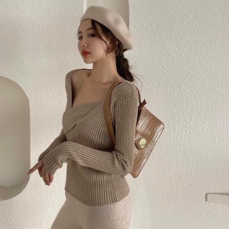 Áo kiểu len gân dệt tay dài nữ ôm vạt đắp chéo ngực trơn - Order taobao quảng châu