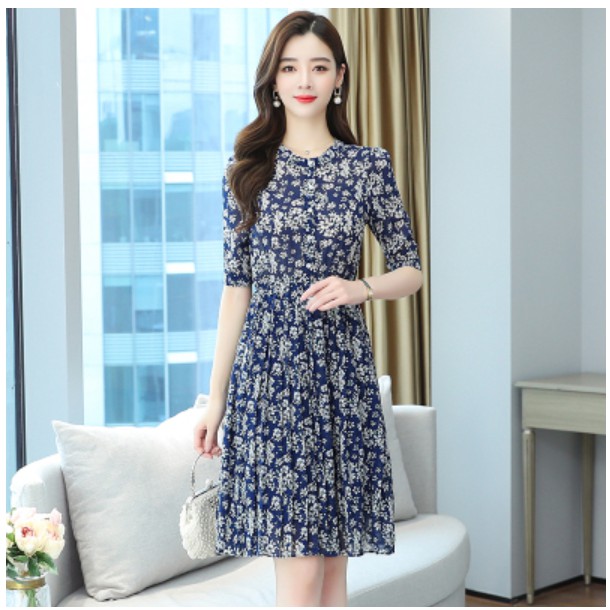 Đầm Midi Chiffon Chữ A Tay Lỡ Xếp Ly In Họa Tiết Hoa Thanh Lịch Thời Trang Xuân Hè Phong Cách Hàn Quốc Cho Nữ