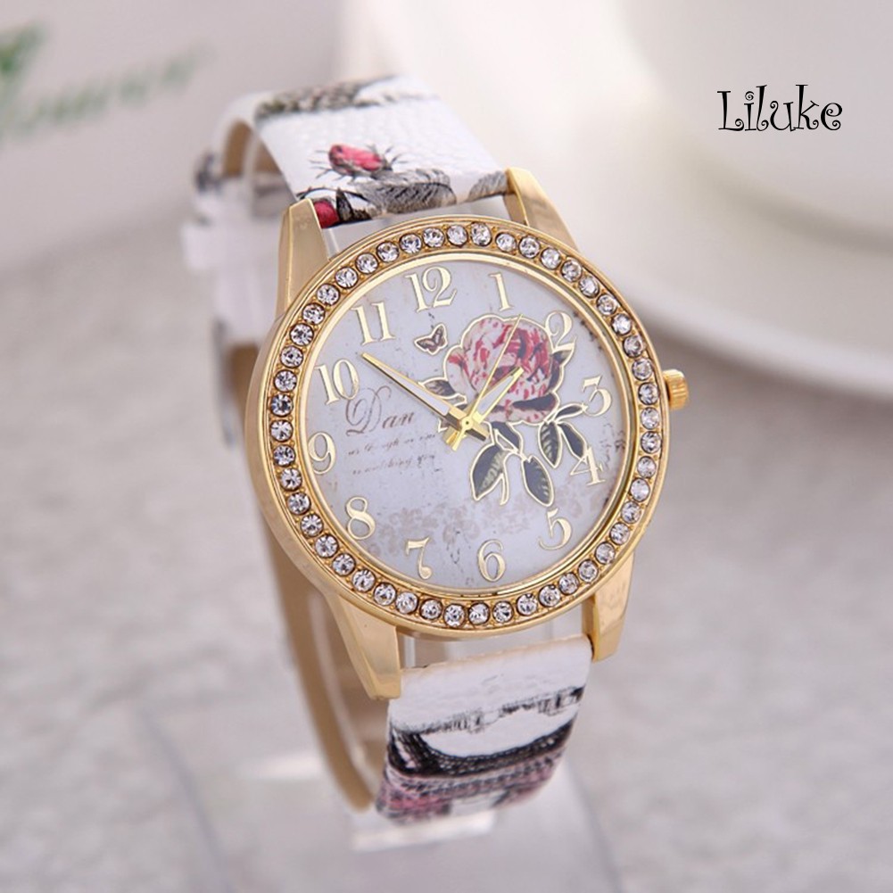 Đồng Hồ Đeo Tay Họa Tiết Hoa Hồng Đính Đá Thời Trang Xinh Xắn Cho Nữ