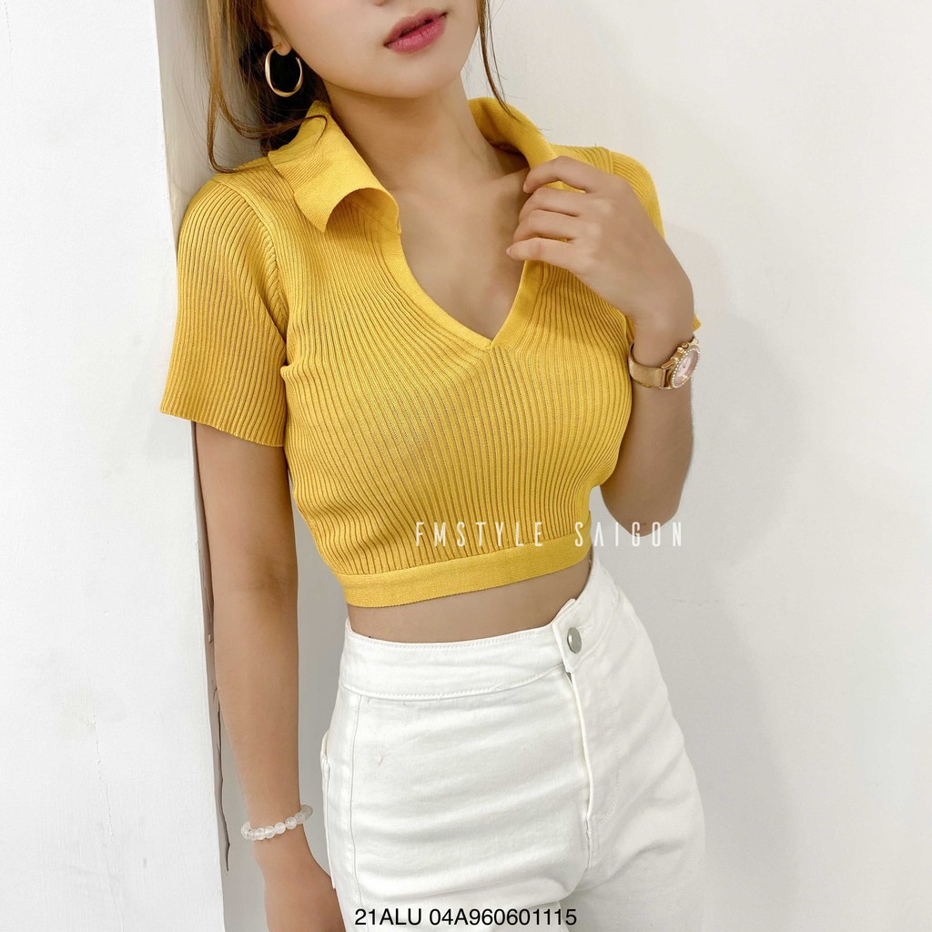 [Mã FATHANG5 giảm 10K đơn 50K] Áo len gân tay ngắn cổ bẻ buộc nơ ulzzang thời trang nữ Fmstyle Saigon 21ALU04A960601