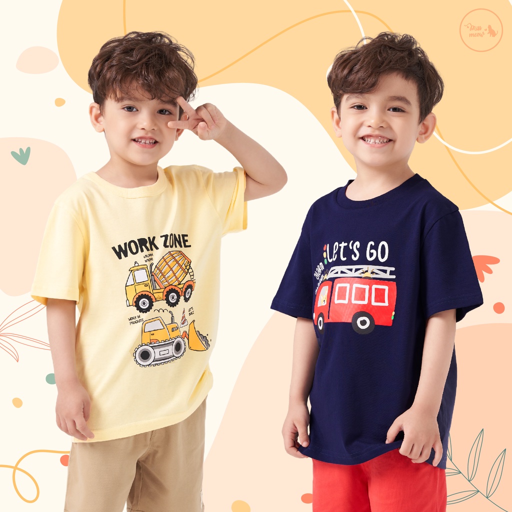 Áo thun cộc tay cho bé trai Bigfox, 6 màu mặc mùa hè chất liệu cotton họa tiết khủng long size trẻ em 2,3,4,5,6,7,8 tuổi