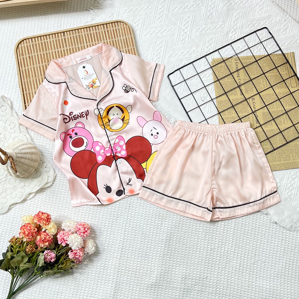 Bộ Đồ Ngủ Pijama Lụa Cộc Tay In Hoạt Hình 3D Dễ Thương Từ Lụa Satin Dành Cho Bé Gái Size 13-35kg - BPN35 - Babi mama