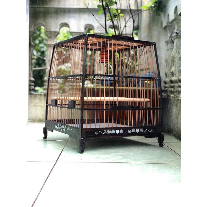 Khung lồng chim chào mào vuông đấu,thái đấu khảm vanh đáy gỗ mun KL002
