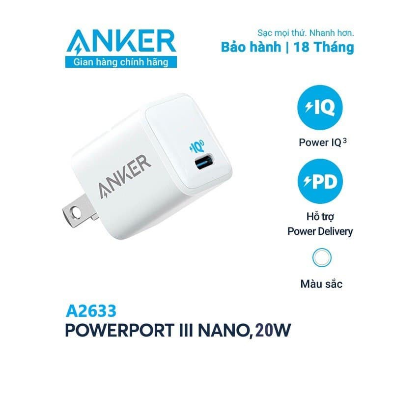 [Mã ANKER504 giảm 5% đơn 799K] Sạc ANKER PowerPort III Nano 20W 1 cổng USB-C PiQ 3.0 tương thích PD - A2633