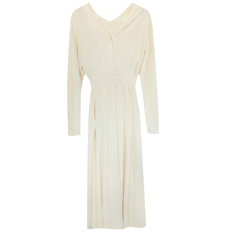 Đầm Voan Xếp Ly Cổ V Dài Tay Phong Cách Vintage Thanh Lịch Cho Nữ