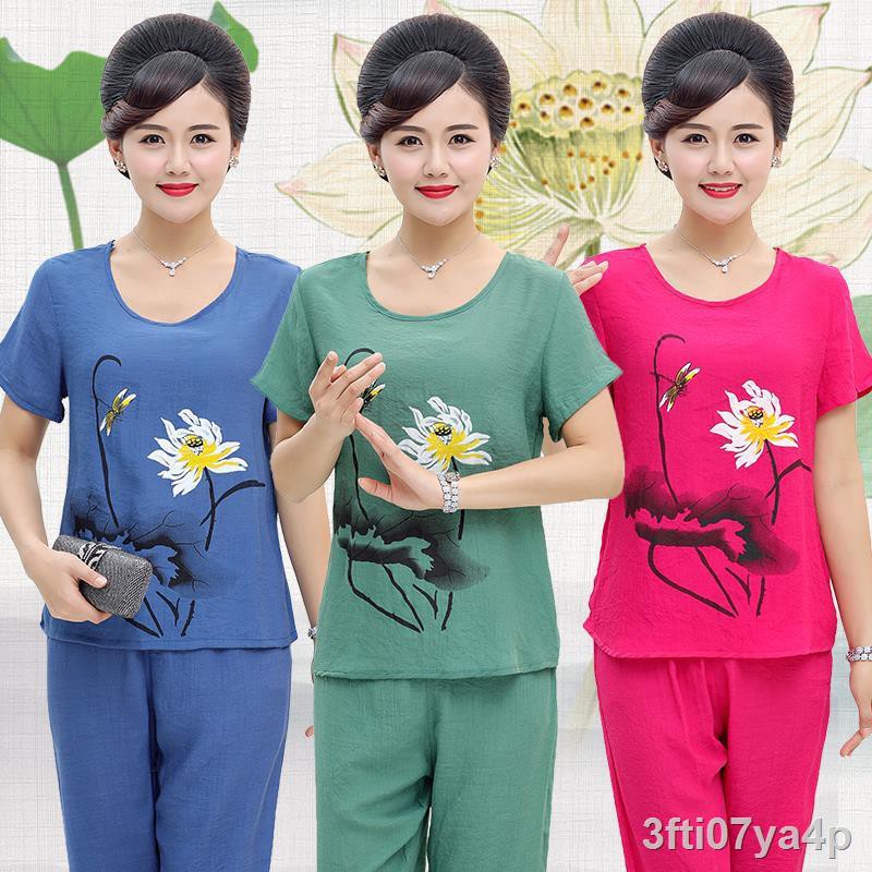 Bộ đồ ngủ dành cho người trung niên và cao tuổi, vải cotton lanh phụ nữ. mặc nhà hai mảnh bằng lụa mỏng của nữ rộng