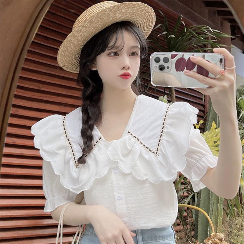 Áo Sơ Mi Trắng Tay Ngắn Cổ Búp Bê Phong Cách Pháp Dành Cho Nữ