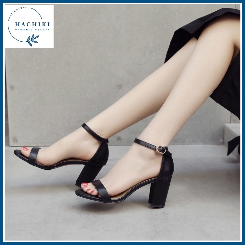 Sandal nữ cao gót đế vuông 7p hở mũi da lộn quai ngang basic Hàn Quốc HACHIKI