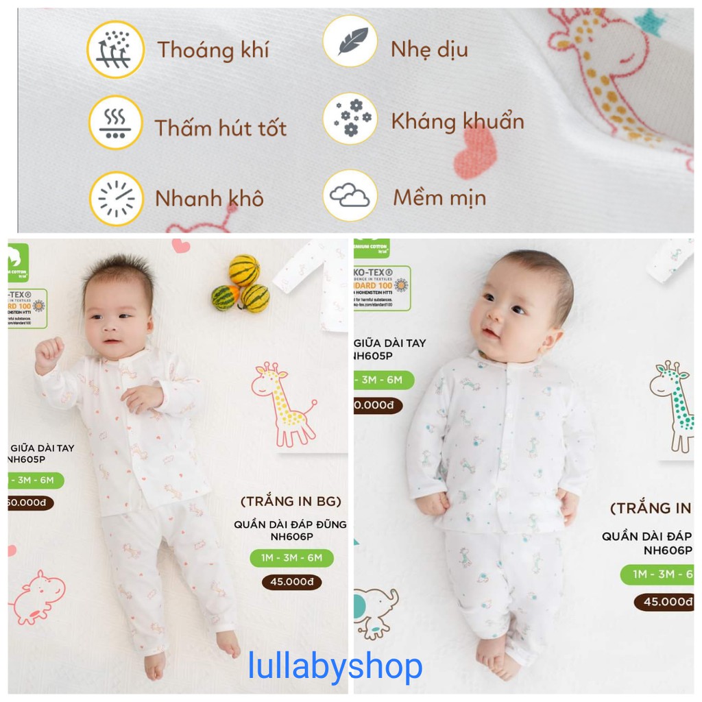 Bộ sơ sinh cài giữa LullabyNH605P, bộ quần áo dài tay cotton mềm mịn