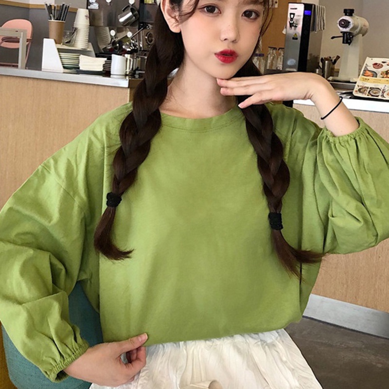 IELGY  Áo Thun Dài Tay Dáng Rộng Màu Trơn Đơn Giản Cho Nữ