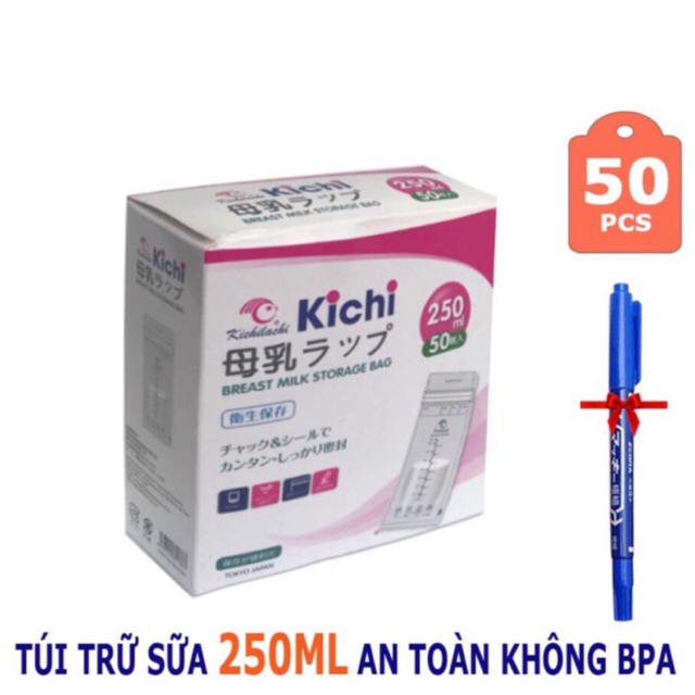 Tặng bút ghi chú - Hộp 50 túi trữ sữa Kichilachi Nhật Bản màu xanh 250ml (voi)