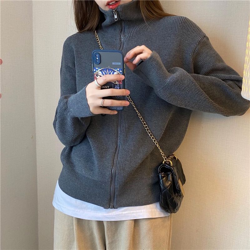 Áo khoác cardigan cổ cao tay dài dáng rộng thời trang trẻ trung cho nữ