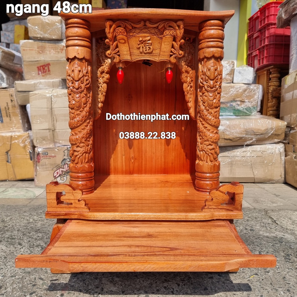 Bàn thờ thần tài ông địa gỗ xoan ngang 48 cm quỳ trụ mẫu mới rất đẹp
