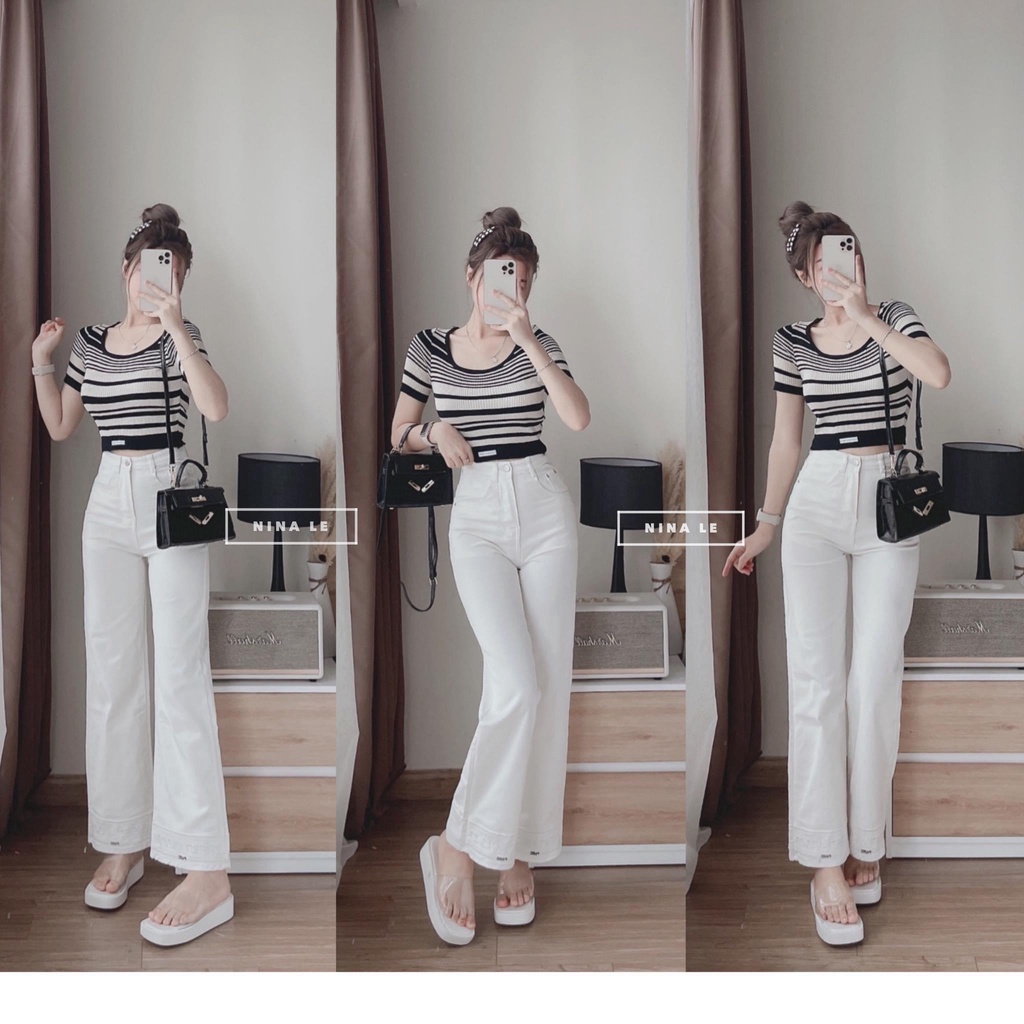 Sét áo len  kẻ ngang viền cổ cộc tay kèm quần bò trắng thêu gấu