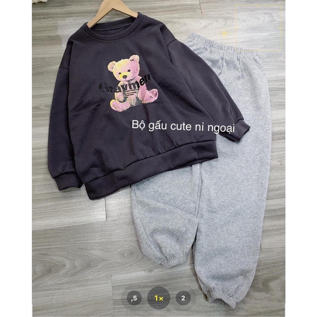 Set nỉ bông nữ in gấu 3D GRAVIME - Áo sweater nữ form rộng và quần nỉ nữ ống bom HOT TREND