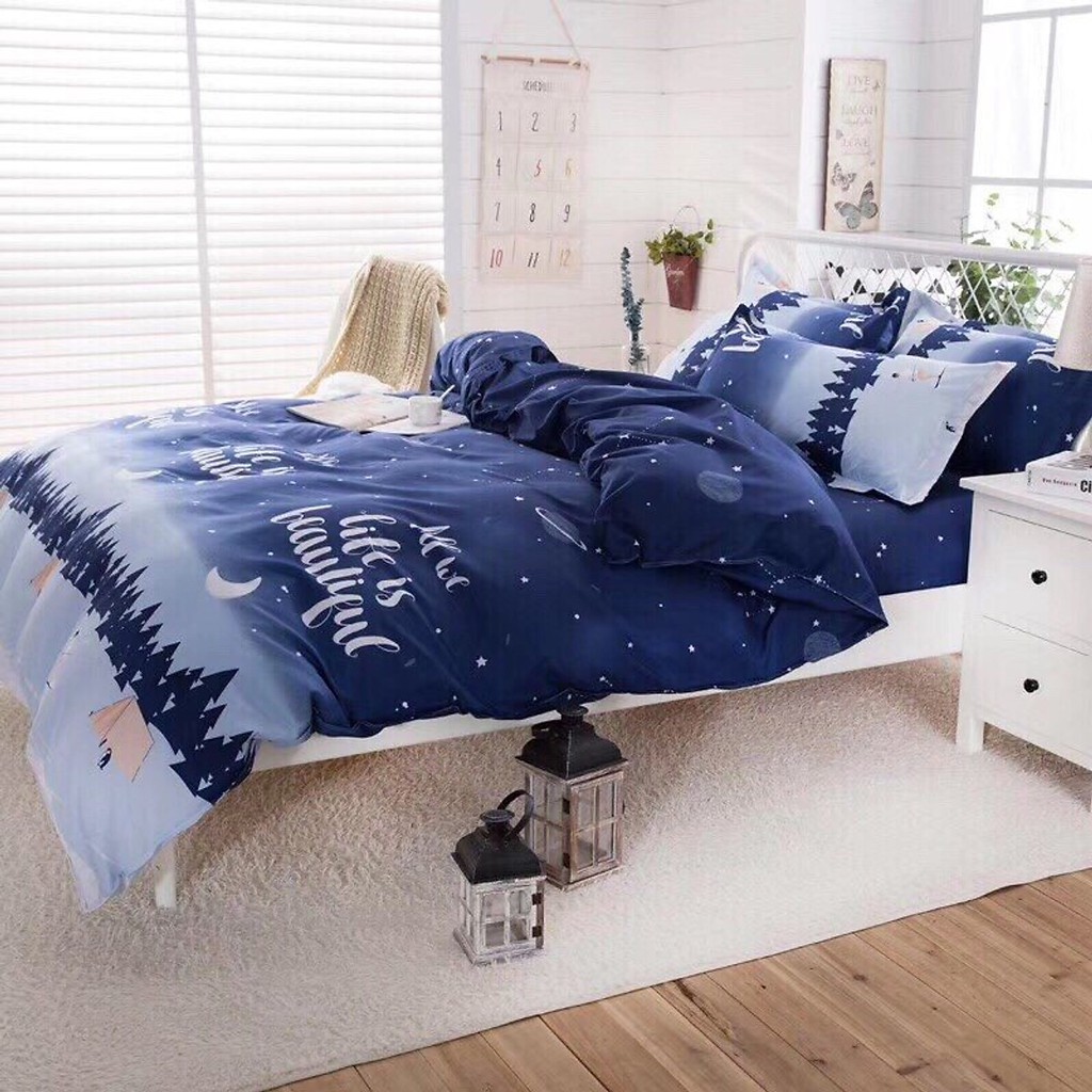 Bộ chăn ga gối cotton poly Lidaco decor phòng ngủ vintage - Bầu trời đêm (SP000866)