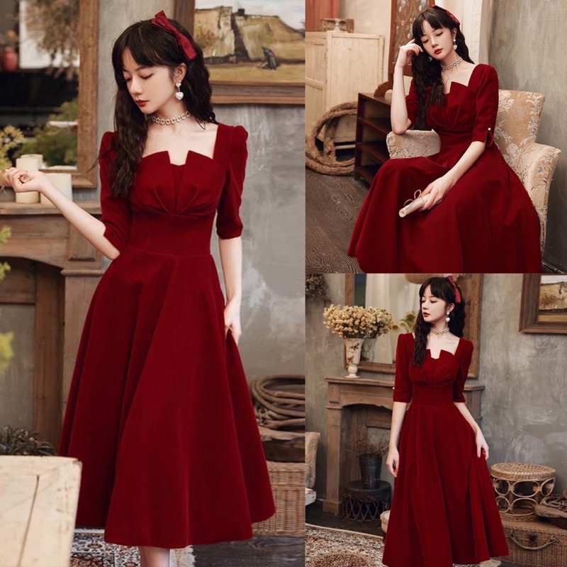 Đầm nhung đỏ đô xoè cổ cách điệu dáng dài 105cm(có video +ảnh sàn+ảnh feedback KH)