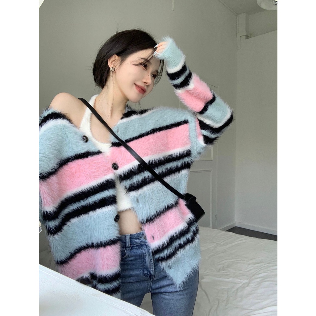 「MOTEL7」 Áo Khoác Cardigan Len Dệt Kim Trễ Vai Dáng Dài Kẻ Sọc Cao Cấp Phong Cách Lười Retro Nhật Bản Cho Nữ @ -