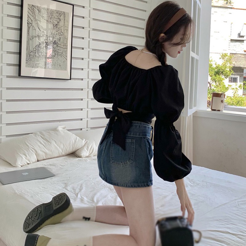 Áo Sơ Mi Nữ Cổ Vuông Dài Tay Dáng Ôm Phong Cách Hàn Quốc