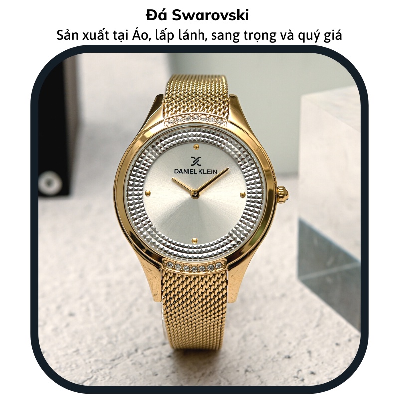 Đồng hồ nữ Daniel Klein Watch DK.1.12826 mặt nhỏ đính đá, kính cứng chống xước, chống nước, dây thép đeo tay cao cấp