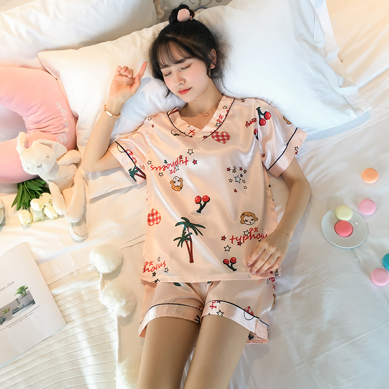 Bộ Đồ Ngủ Vải Lụa Satin In Họa Tiết Trái Cây Phong Cách Hàn Quốc Cho Nữ Size M-5Xl