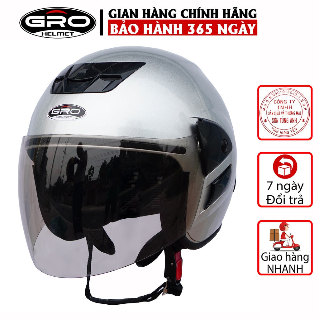 Mũ Bảo Hiểm 3/4 đầu GRO Helmet V2 có kính dài, kiểu dáng trẻ trung cho nam và nữ, khóa kim loại chắc chắn - Màu Bạc