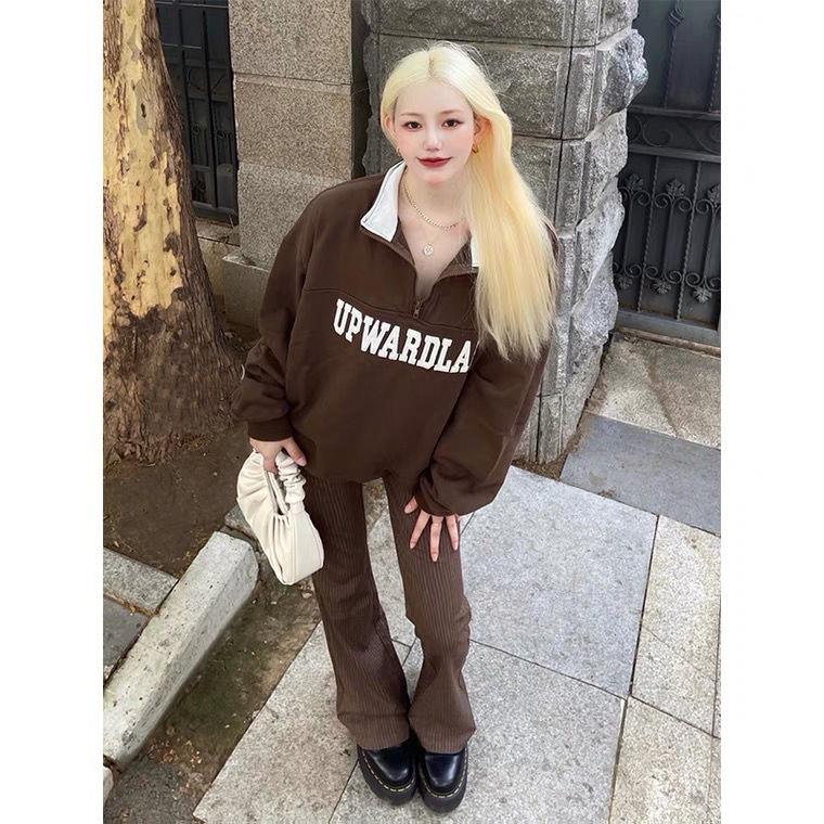 Áo Sweater Cổ polo Dáng Rộng In Chữ Phong Cách Retro Mỹ 2021