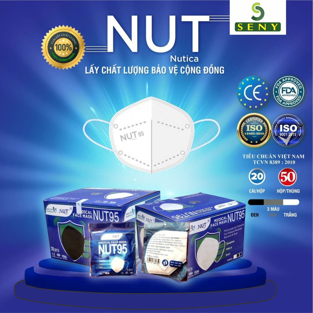 Khẩu trang N95 chính hãng 5 Lớp NUT95 hộp 20 cái Lọc sạch bụi mịn ngăn ngừa giọt bắn