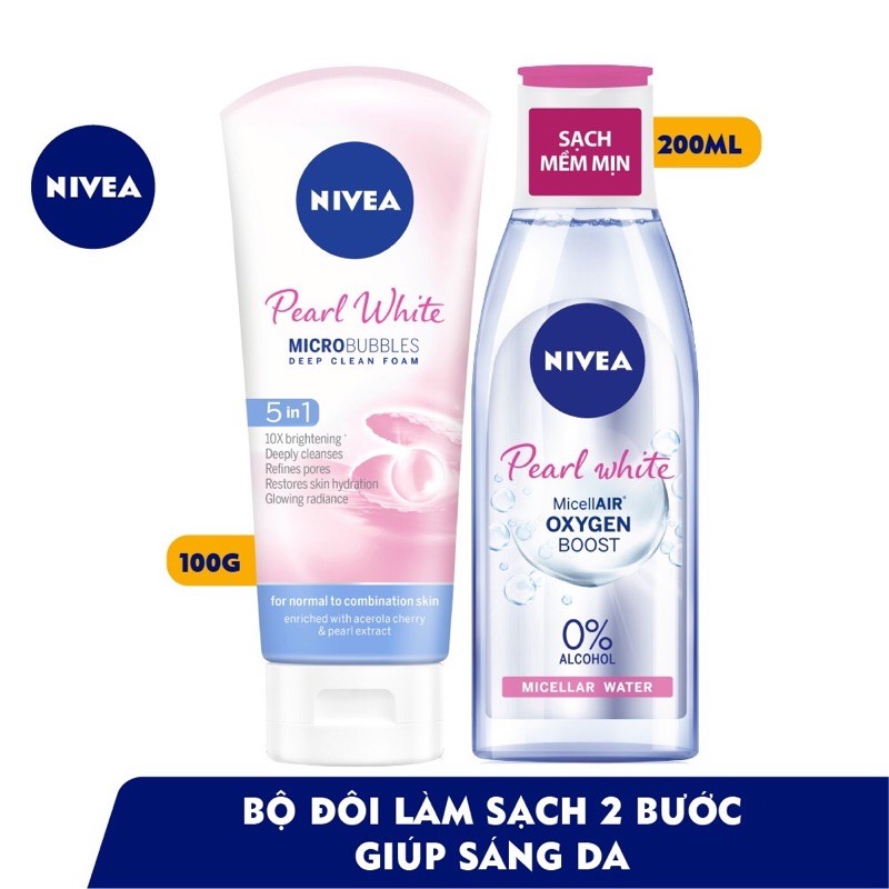 Bộ Làm Sạch 2 Bước Giúp Sáng Da NIVEA Peart White ( Bộ gồm : 1 SRM 100g + 1 Nước Tẩy Trang 200ml )