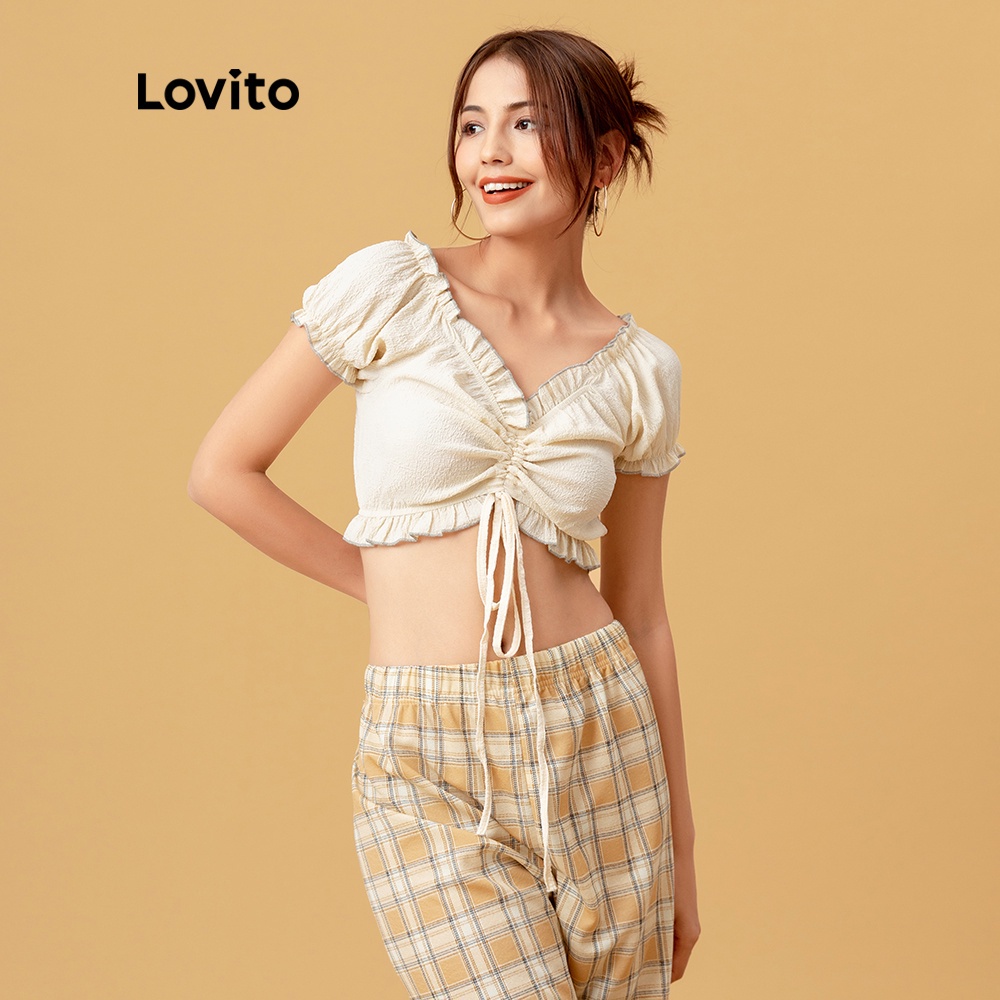 Áo Lovito phối dây rút nhún bèo lai áo màu trơn giản dị L05609 (màu be) | BigBuy360 - bigbuy360.vn