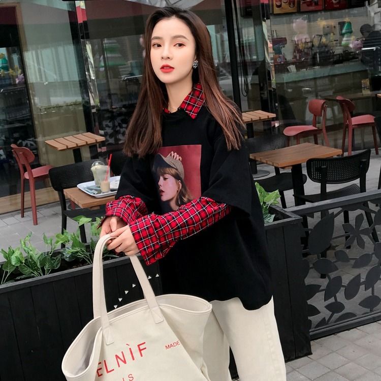 Áo Hoodie Dài Tay Giả Hai Lớp Mới Cho Nữ