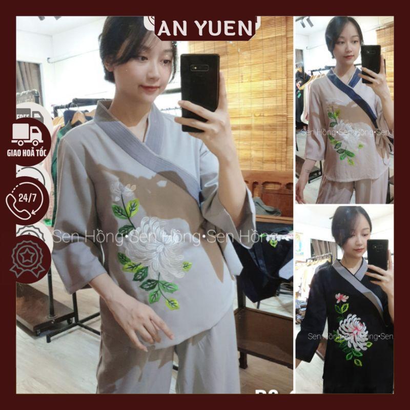 Quần áo Phật tử thiết kế # đồ lam nữ thêu hoa cúc thủ công - pháp phục vải đũi Hàn dày dặn B8