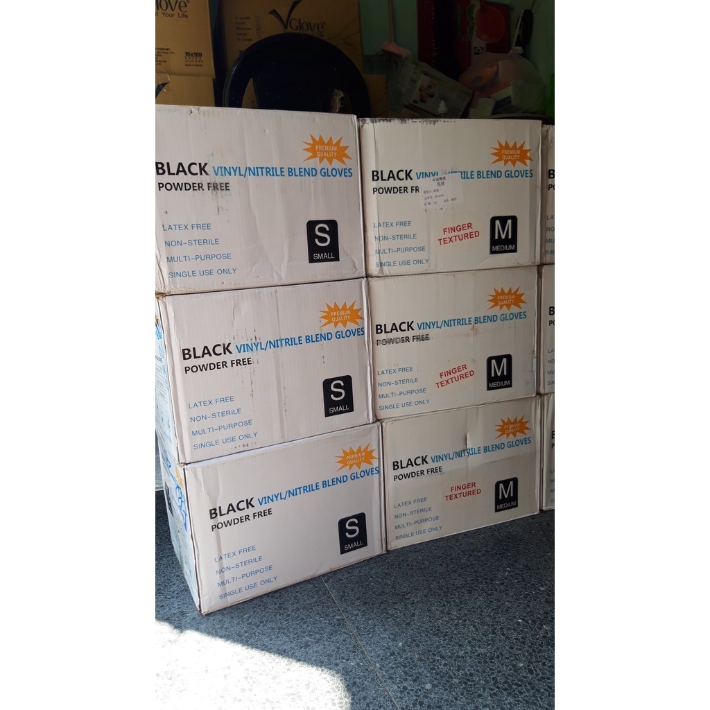 Thùng 10 Hộp Găng Tay Vinyl  Màu Đen Không Bột Black Vinyl/Nitrile Blend Gloves Sử Dụng Trong Tóc Spa Phun Xăm,Pha Chế