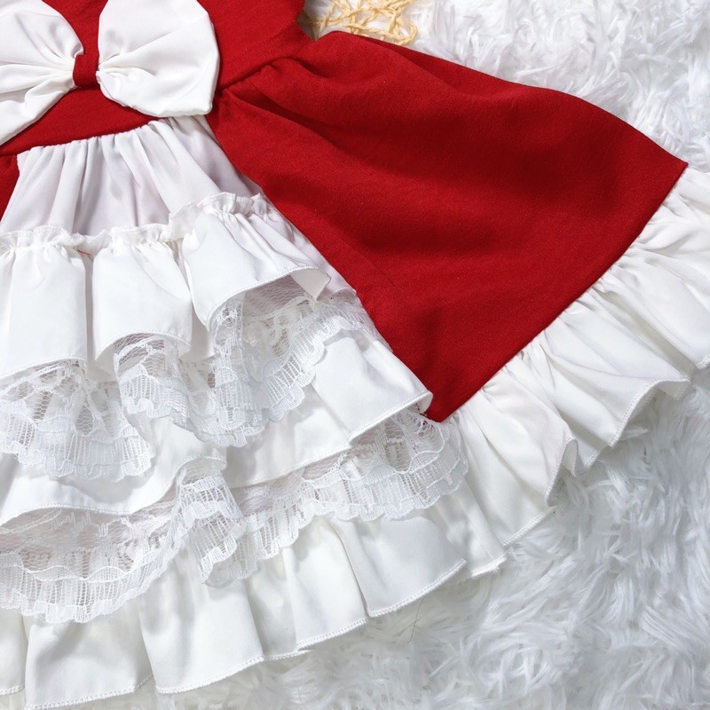 Váy Lolita 2 Dây Đỏ Bèo Tầng Bé Gái 4 Đến 28kg Chất Đũi Chun Phối Lụa [A252]