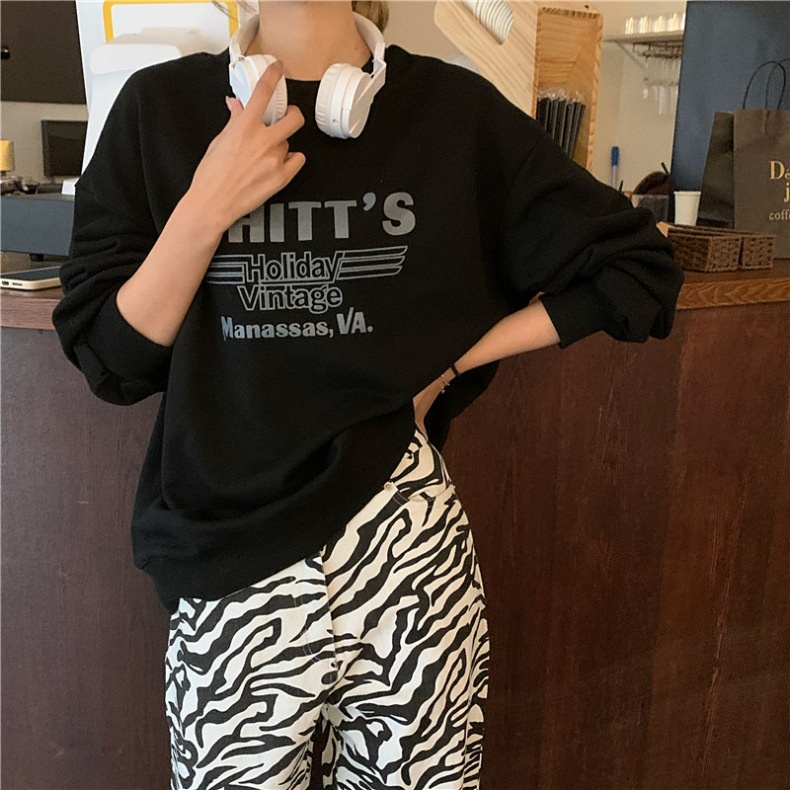 SUXI Áo Sweater Tay Dài Dáng Rộng Màu Sắc Đơn Giản In Chữ Phong Cách Hàn Quốc