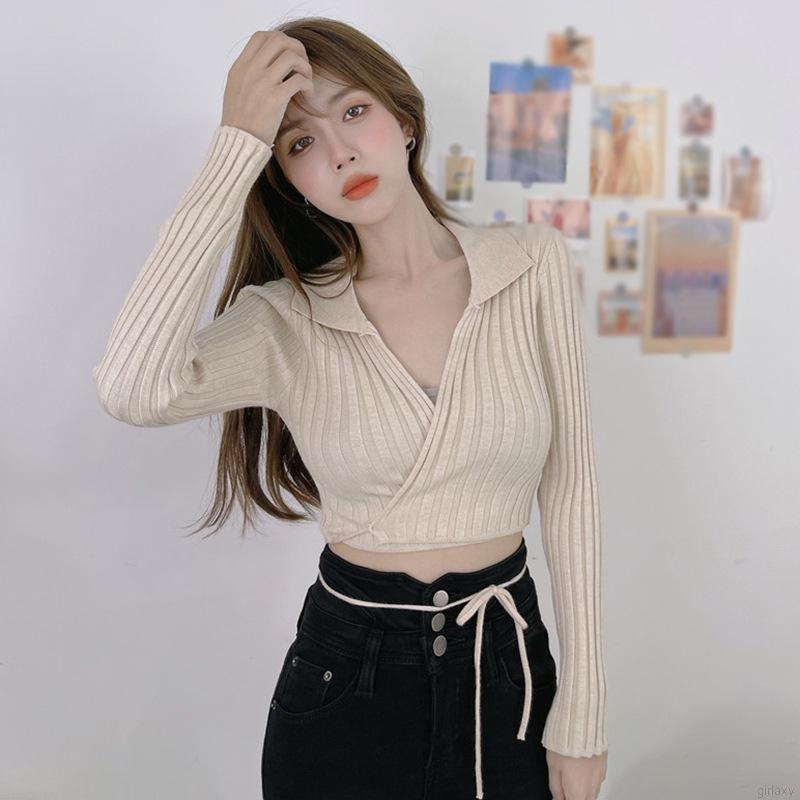 Áo croptop dệt kim tay dài cổ chữ V màu trơn phong cách Hàn Quốc cho nữ