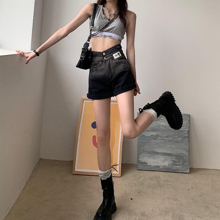 Jiashucheng Quần Short Jean Lưng Cao Dáng Rộng Màu Đen Gradient Phong Cách Hàn Quốc Cá Tính Cho Nữ