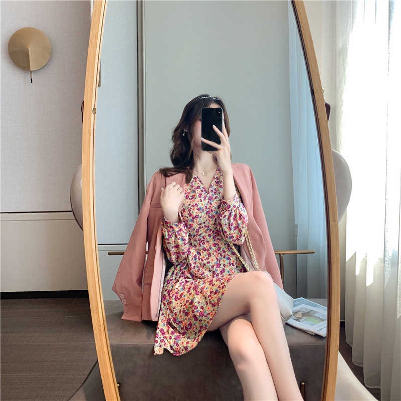 IELGY IELGY Đầm chiffon Chữ A Tay Dài Dáng Ôm In Họa Tiết Hoa Thời Trang Cho Nữ