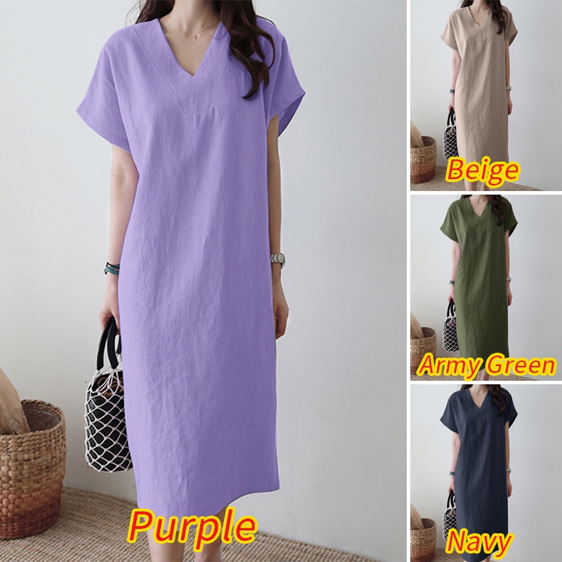 Đầm midi ZANZEA tay ngắn cổ chữ V màu trơn phong cách cổ điển thanh lịch dành cho nữ