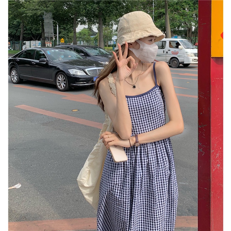 Đầm hai dây họa tiết sọc caro thời trang mùa hè dành cho nữ