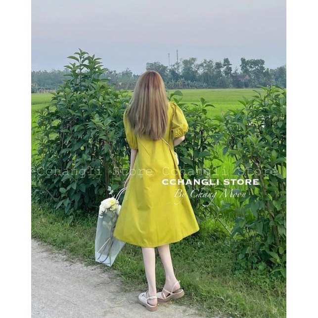 Váy suông cốm xanh li ngực tay phồng